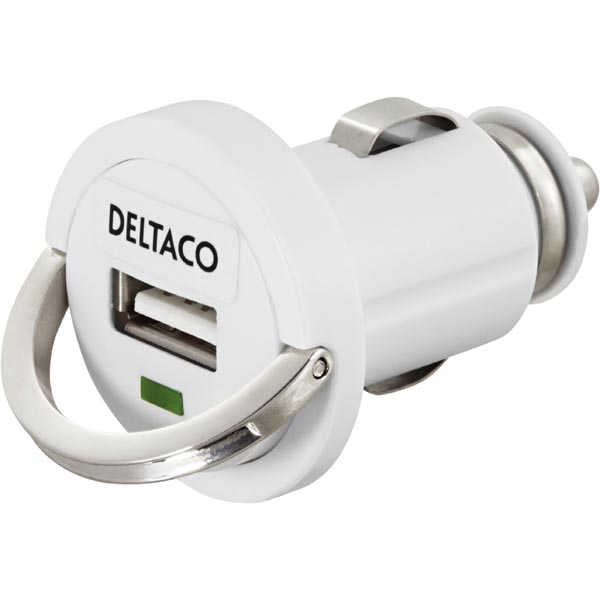 Deltaco USB Mini Car Charger, USB A Female, 2.1A, White